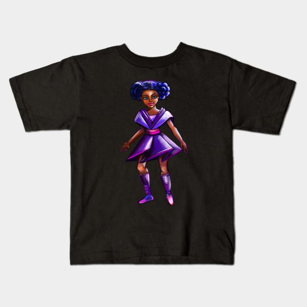 Anime girl with two puffs. Back lit. Black afro anime girl in purple from outer space ! beautiful  black girl with Braided hair, blue eyes, Cherry pink lips and dark brown skin. Hair love ! Kids T-Shirt by Artonmytee